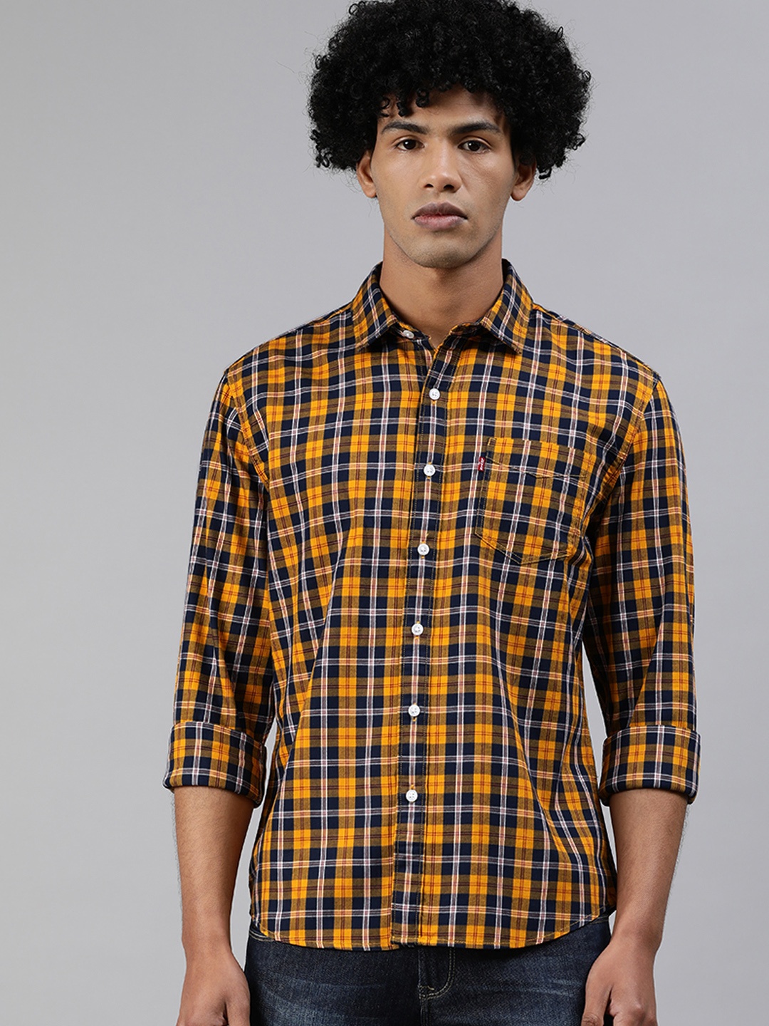 

Levis Men Navy Blue & Mustard Yellow Slim Fit Checked Casual Shirt