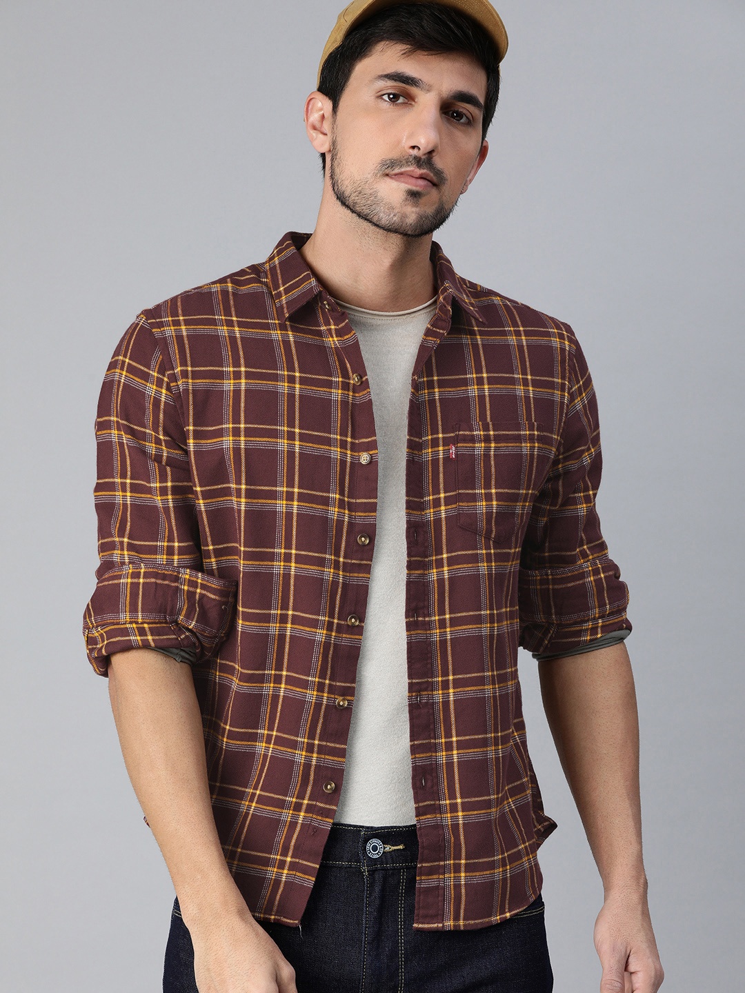 

Levis Men Burgundy & Mustard Yellow Slim Fit Checked Casual Shirt
