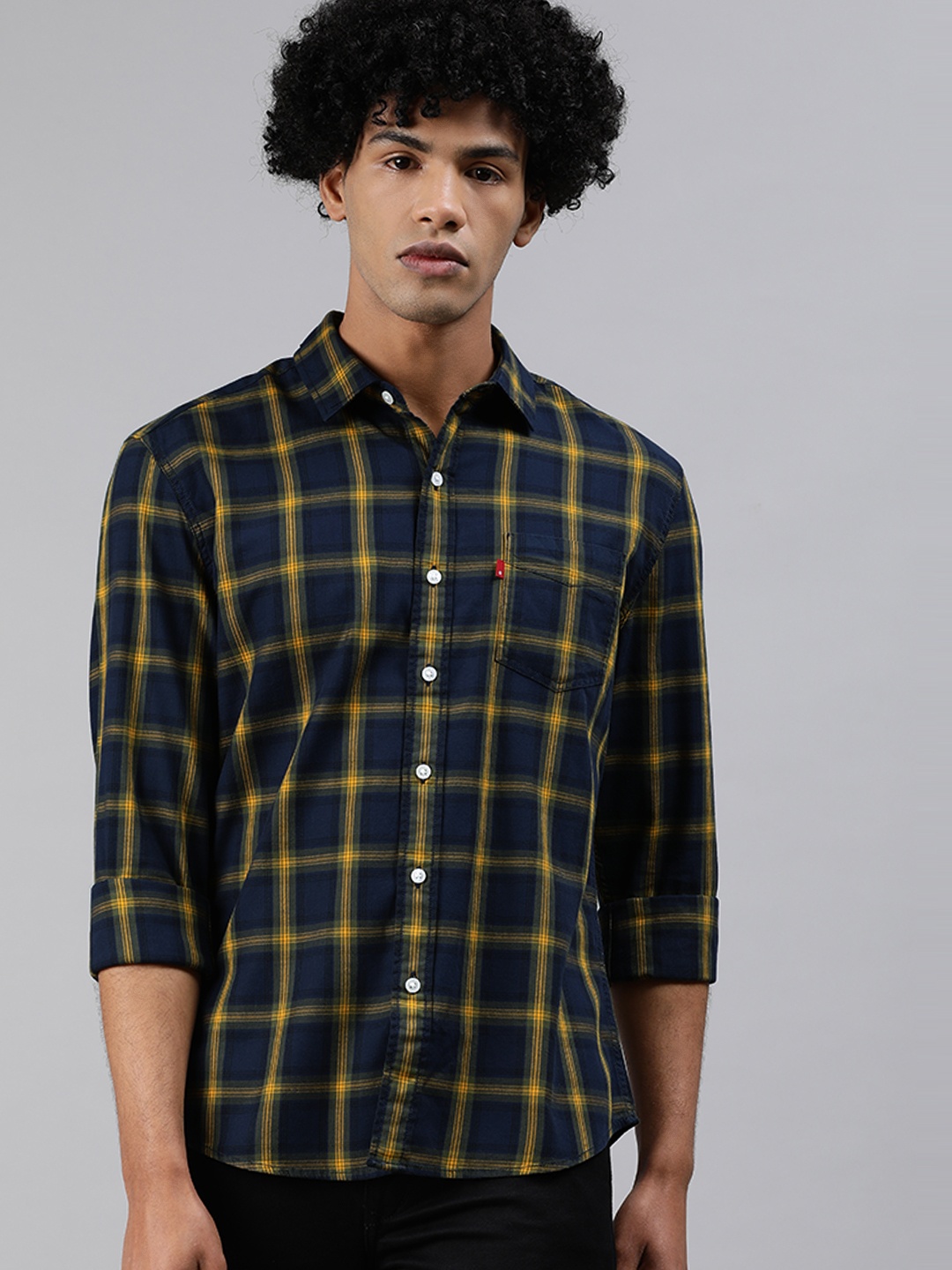 

Levis Men Navy Blue & Orange Slim Fit Checked Casual Shirt