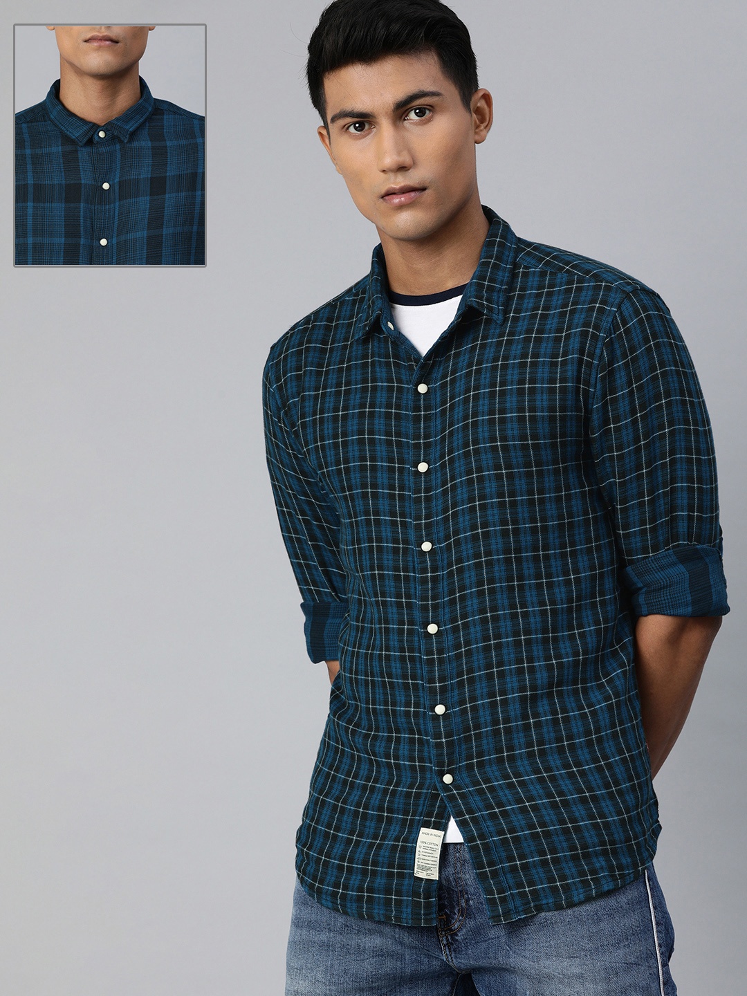 

Levis Men Teal Blue & Black Slim Fit Checked Reversible Casual Shirt