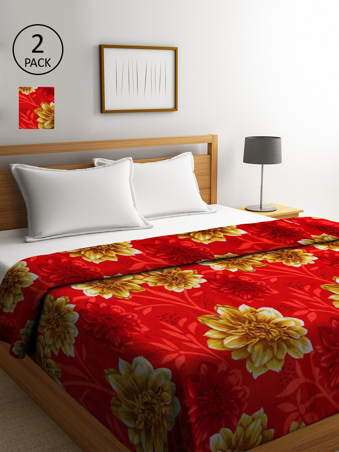 

KLOTTHE Set Of 2 Red & Brown Floral Print Double King Size AC Room 233 GSM Mink Comforters