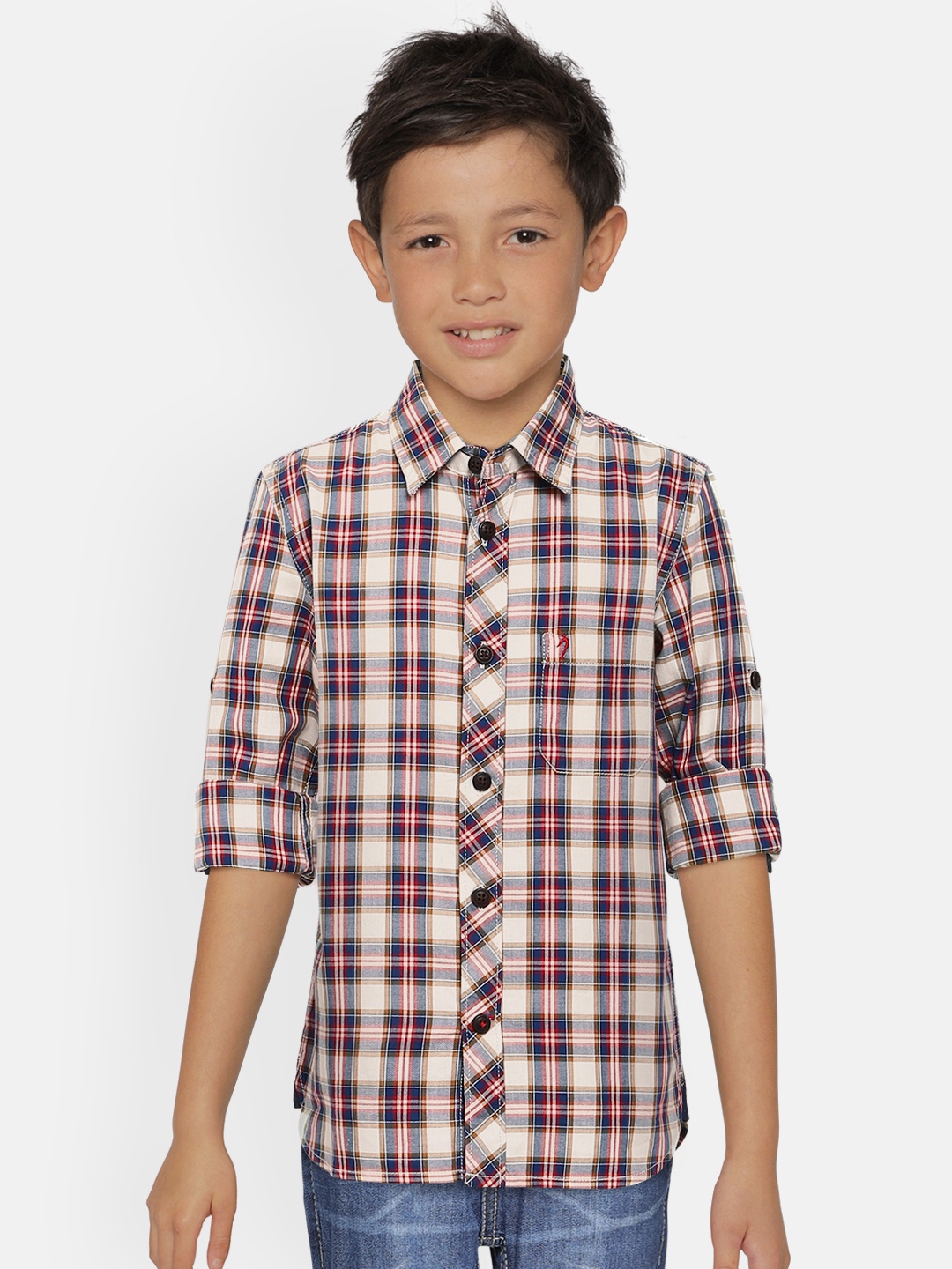 

Indian Terrain Boys Off-White & Navy Blue Regular Fit Checked Pure Cotton Casual Shirt