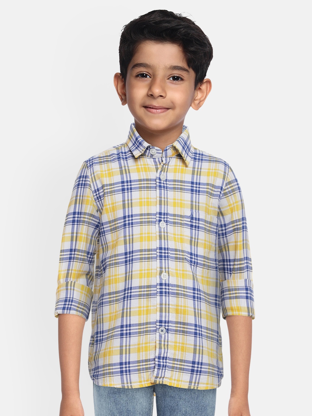 

Indian Terrain Boys Yellow & Blue Regular Fit Checked Pure Cotton Casual Shirt