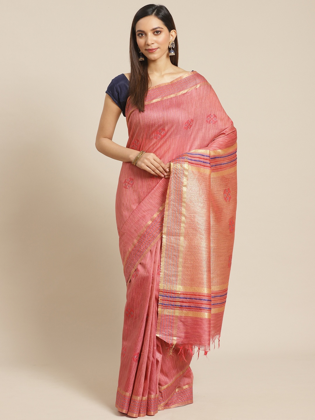 

swatika Pink & Golden Handloom Zari Woven Design Bhagalpuri Saree