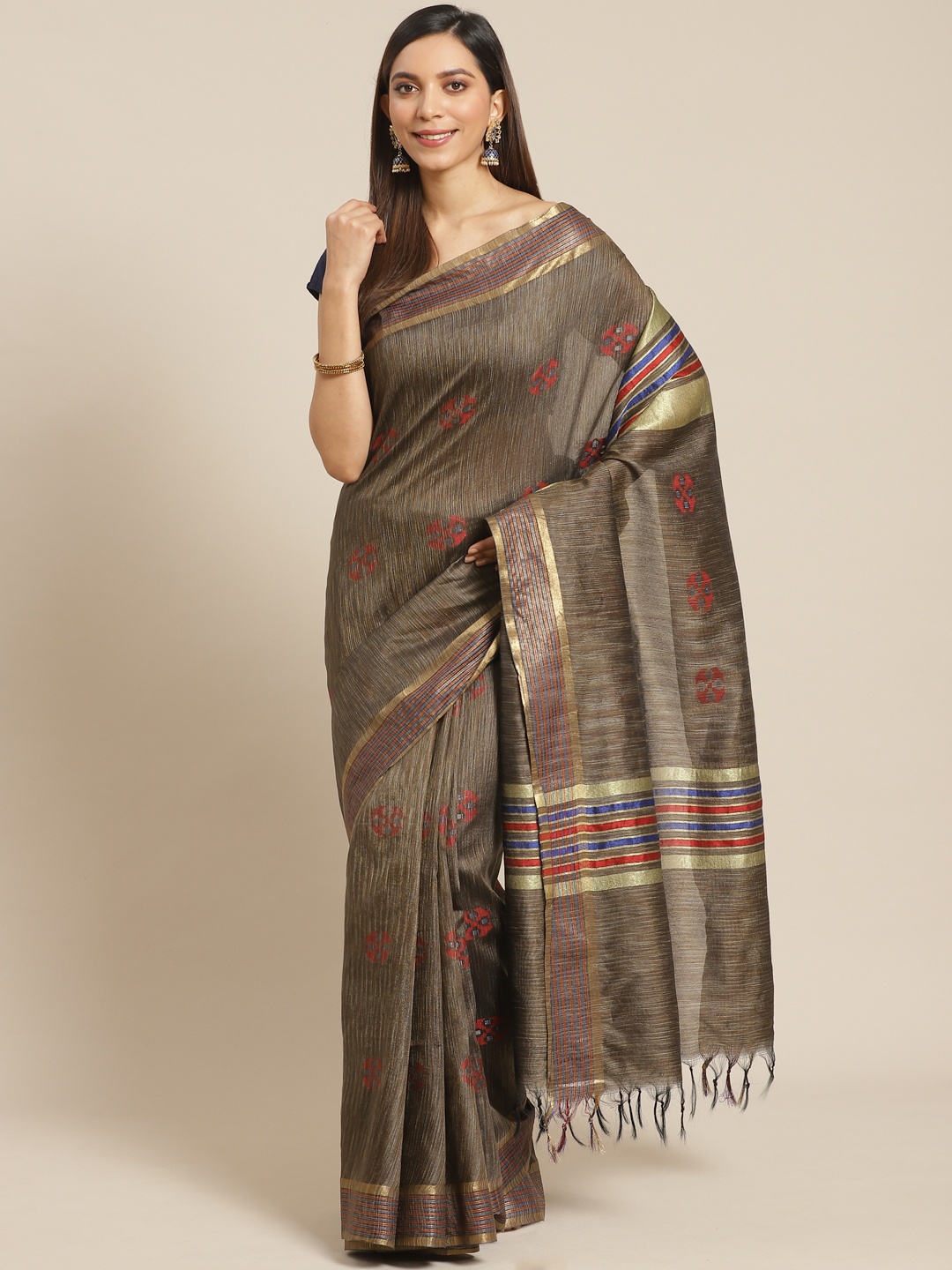 

swatika Olive Brown & Red Handloom Zari Woven Design Bhagalpuri Saree