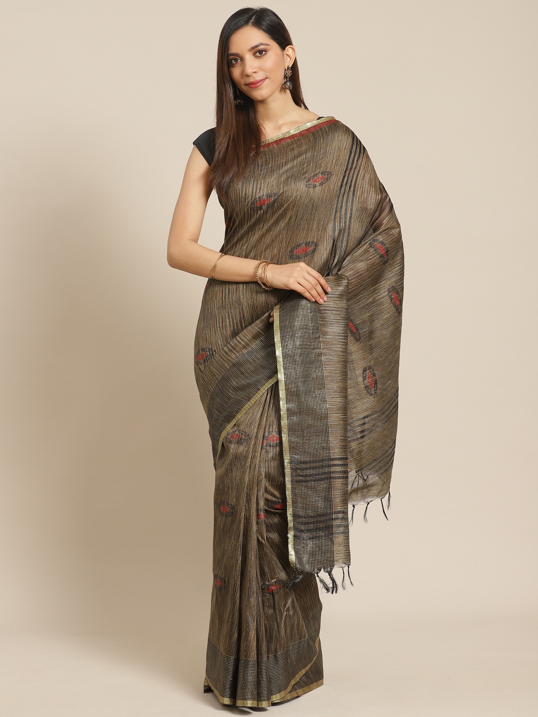 

swatika Taupe & Black Zari Woven Design Handloom Bhagalpuri Saree