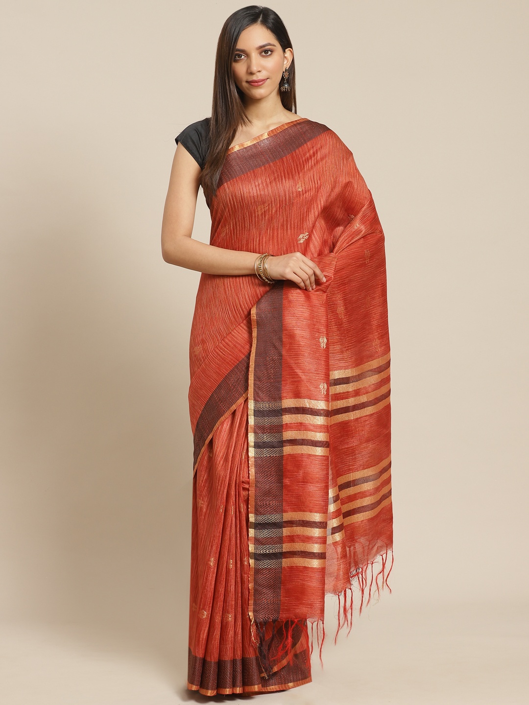 

swatika Rust Red & Golden Handloom Zari Woven Design Bhagalpuri Saree