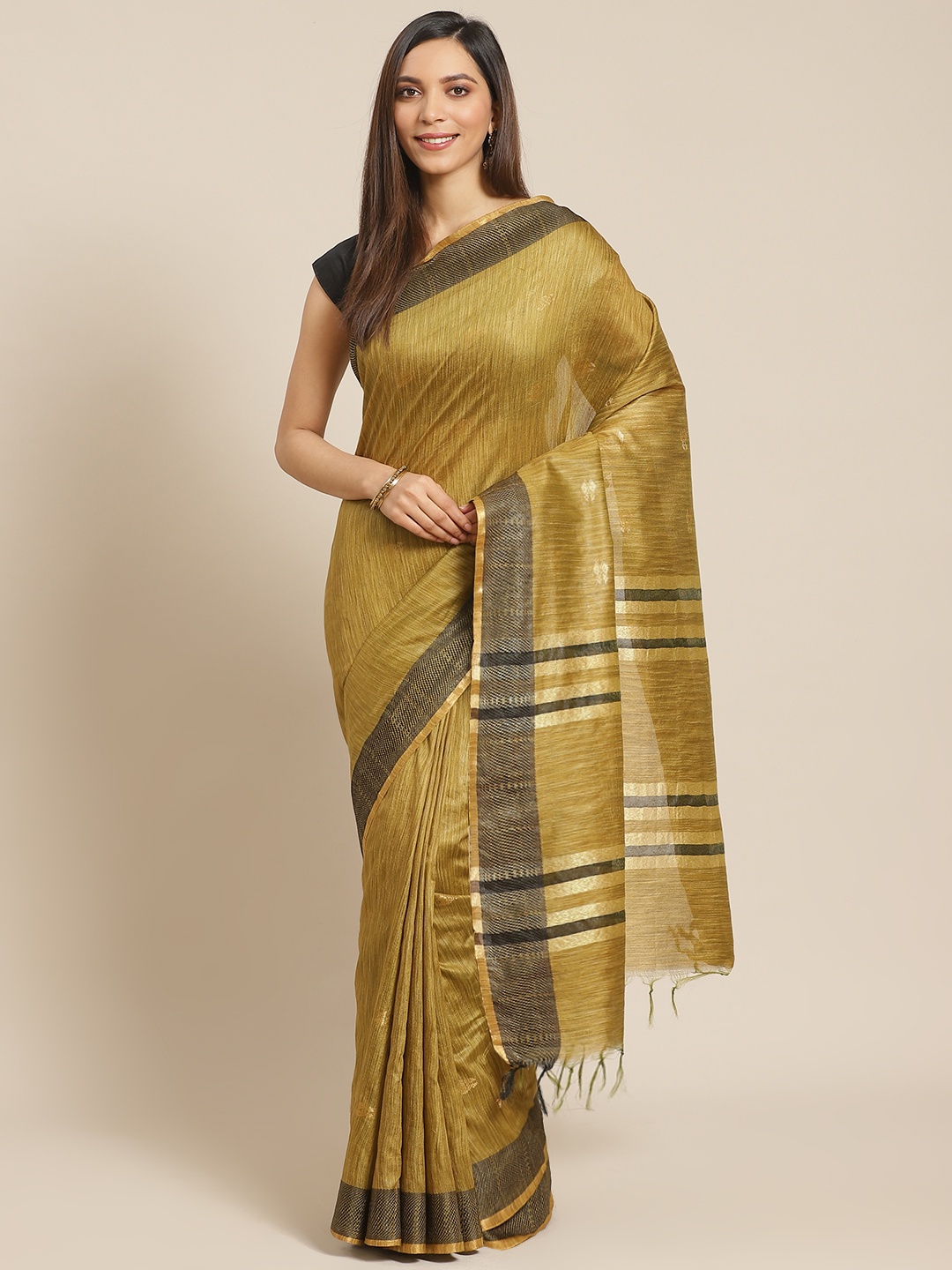 

swatika Green & Golden Zari Woven Design Handloom Bhagalpuri Saree