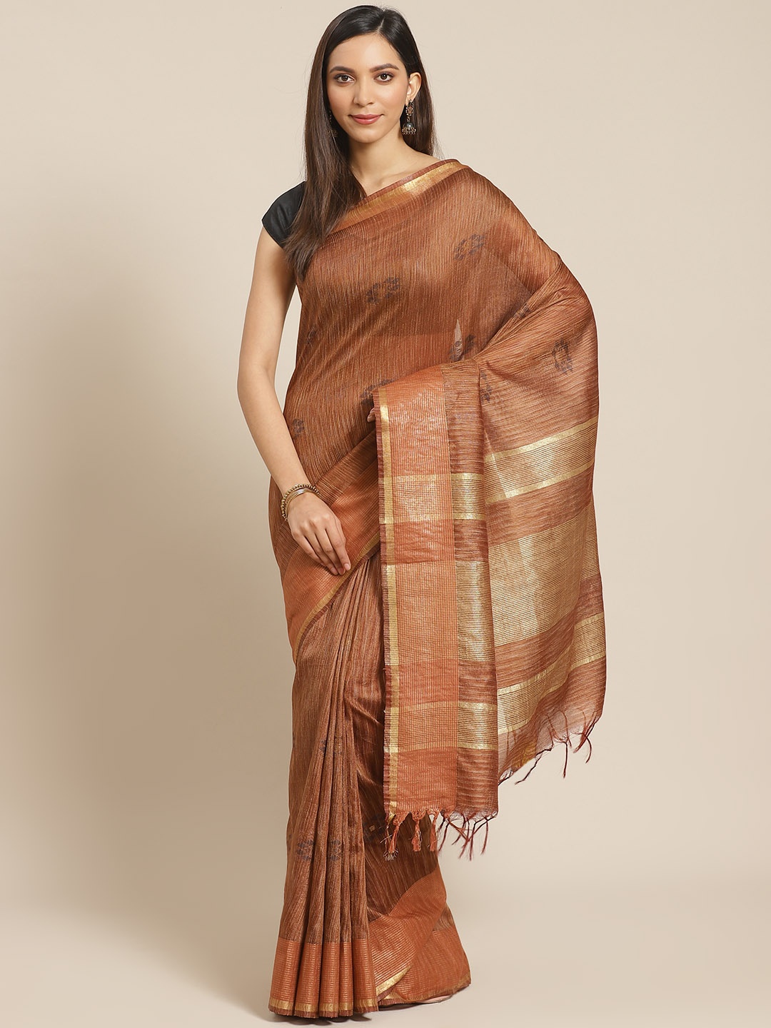

swatika Brown & Golden Handloom Zari Woven Design Bhagalpuri Saree