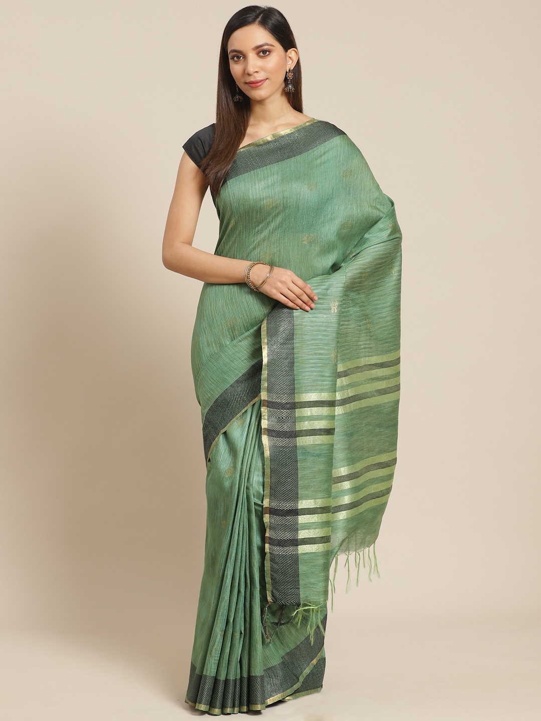 

swatika Green & Golden Handloom Zari Woven Design Bhagalpuri Saree