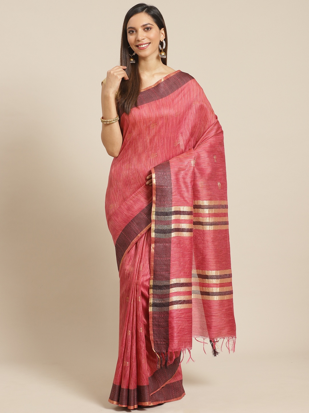 

swatika Pink & Golden Handloom Zari Woven Design Bhagalpuri Saree