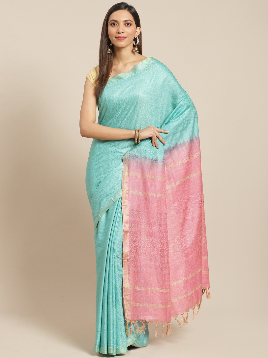 

swatika Sea Green & Pink Handloom Woven Design Bhagalpuri Saree