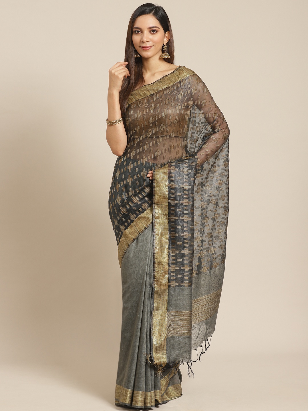 

swatika Charcoal Grey & Beige Zari Woven Design Handloom Half & Half Bhagalpuri Saree