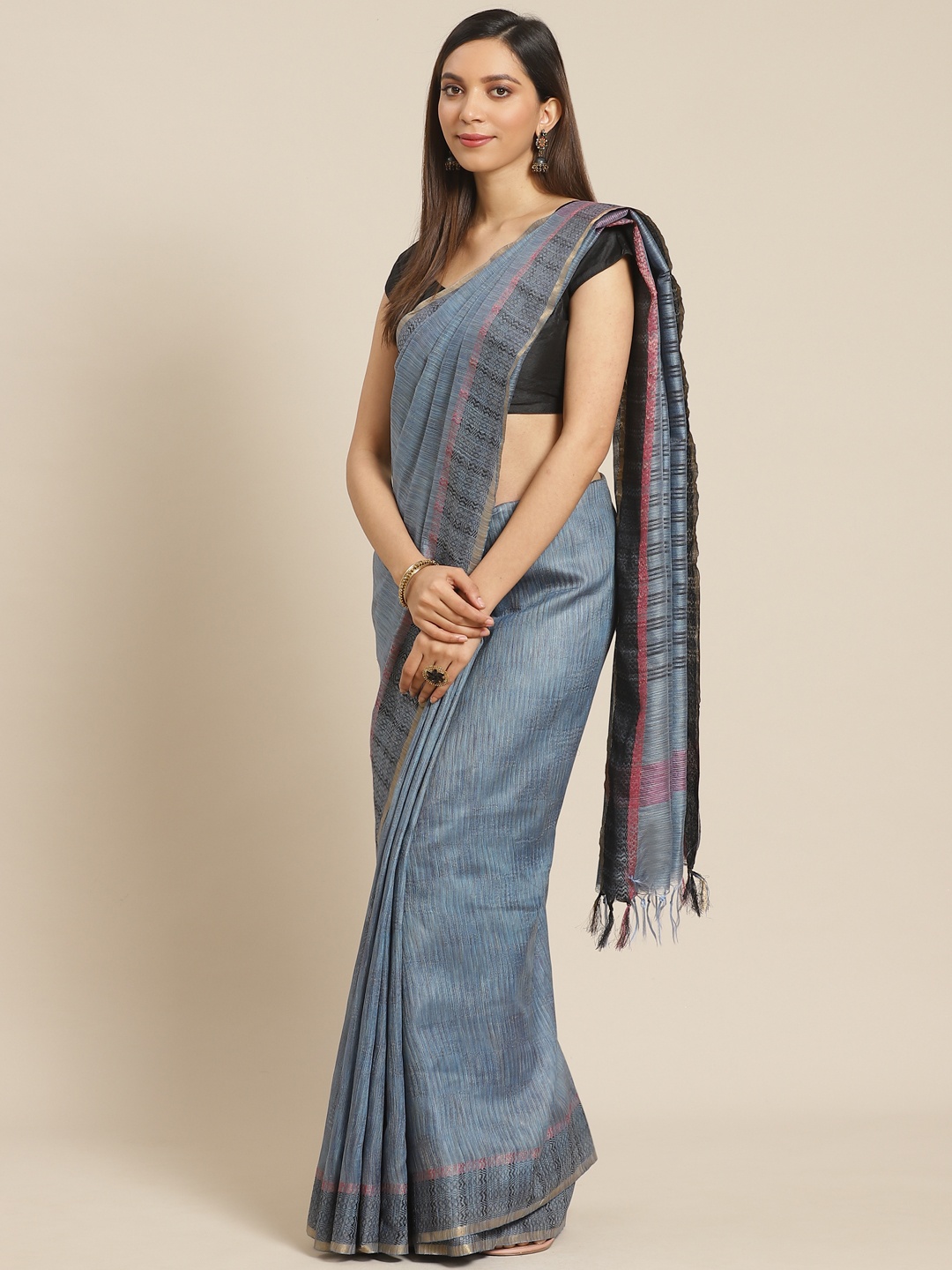 

swatika Blue & Black Handloom Zari Work Solid Bhagalpuri Saree