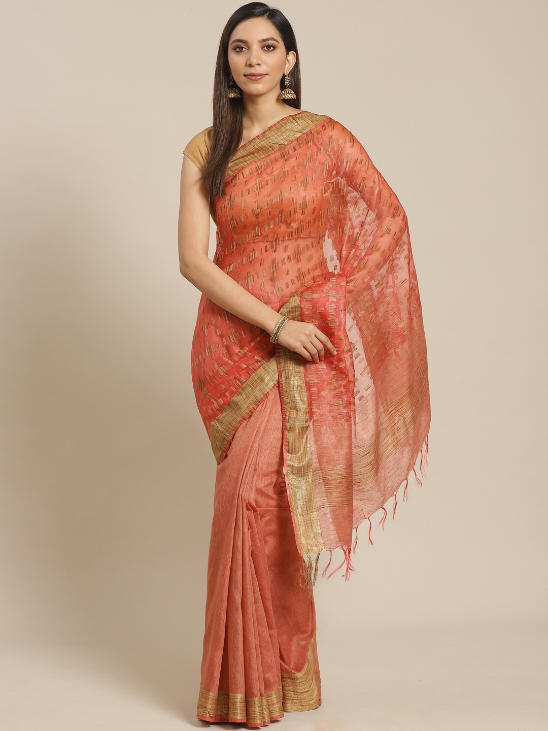 

swatika Peach-Coloured & Golden Half-&-Half Handloom Zari Woven Design Bhagalpuri Saree