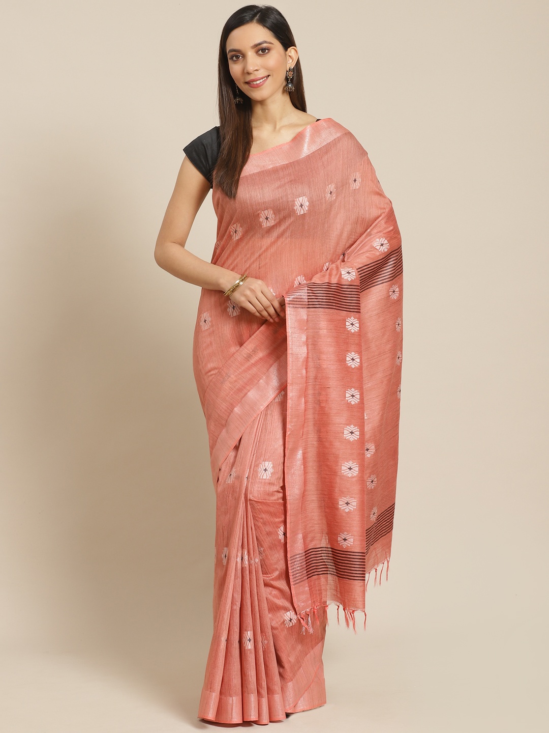 

swatika Pink & Off-White Handloom Zari Woven Design Bhagalpuri Saree