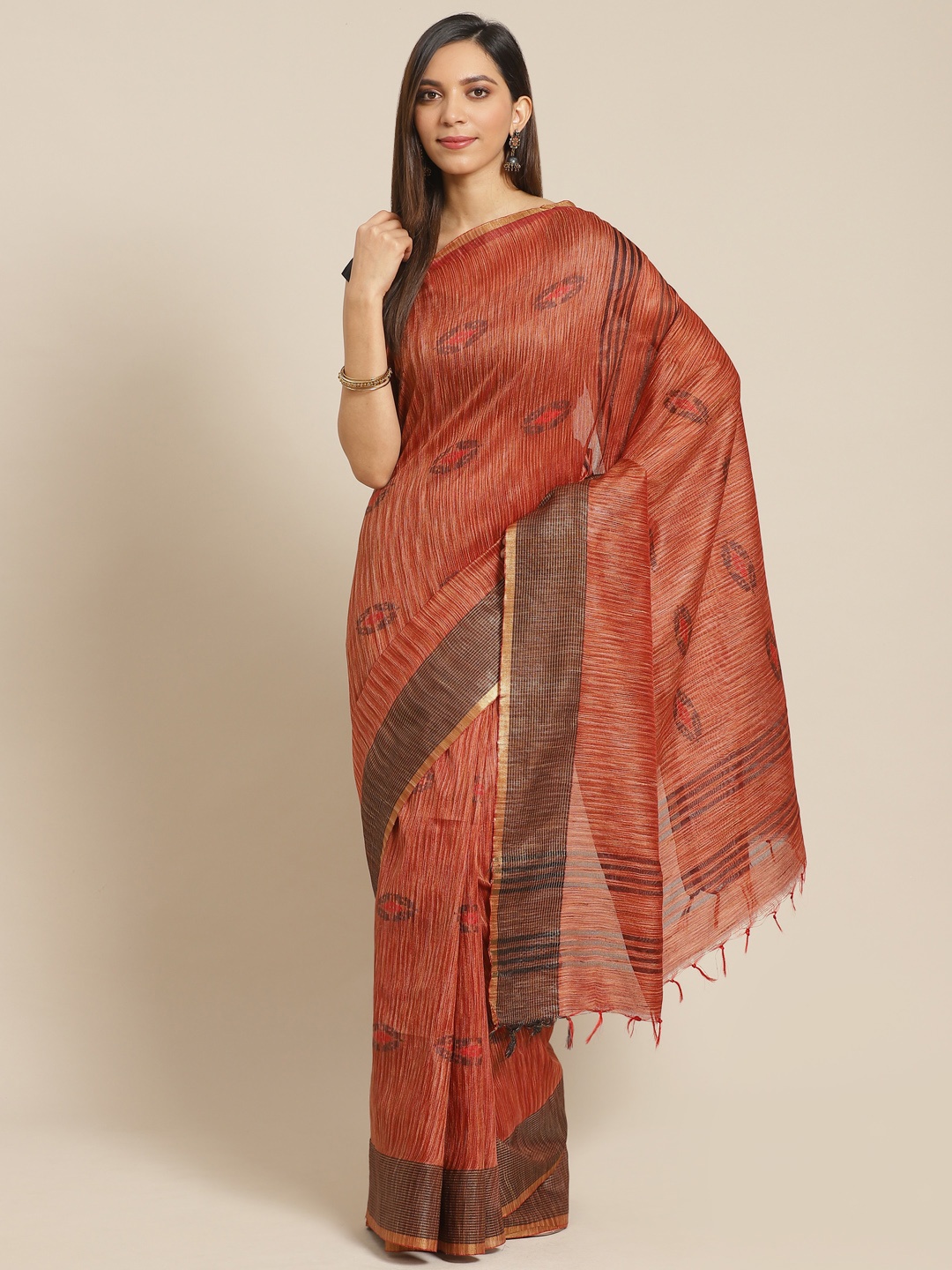 

swatika Orange & Charcoal Grey Zari Woven Design Handloom Bhagalpuri Saree