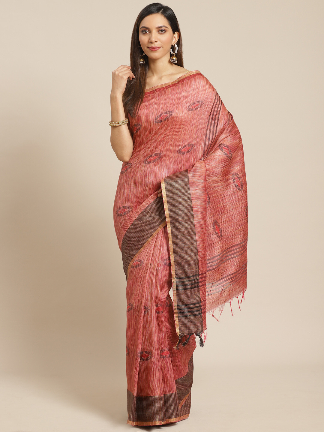 

swatika Pink & Charcoal Grey Handloom Zari Woven Design Bhagalpuri Saree