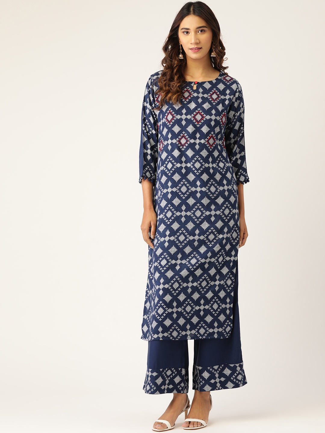 

Kurti's by Menka Women Navy Blue & White Printed Kurta with Palazzos