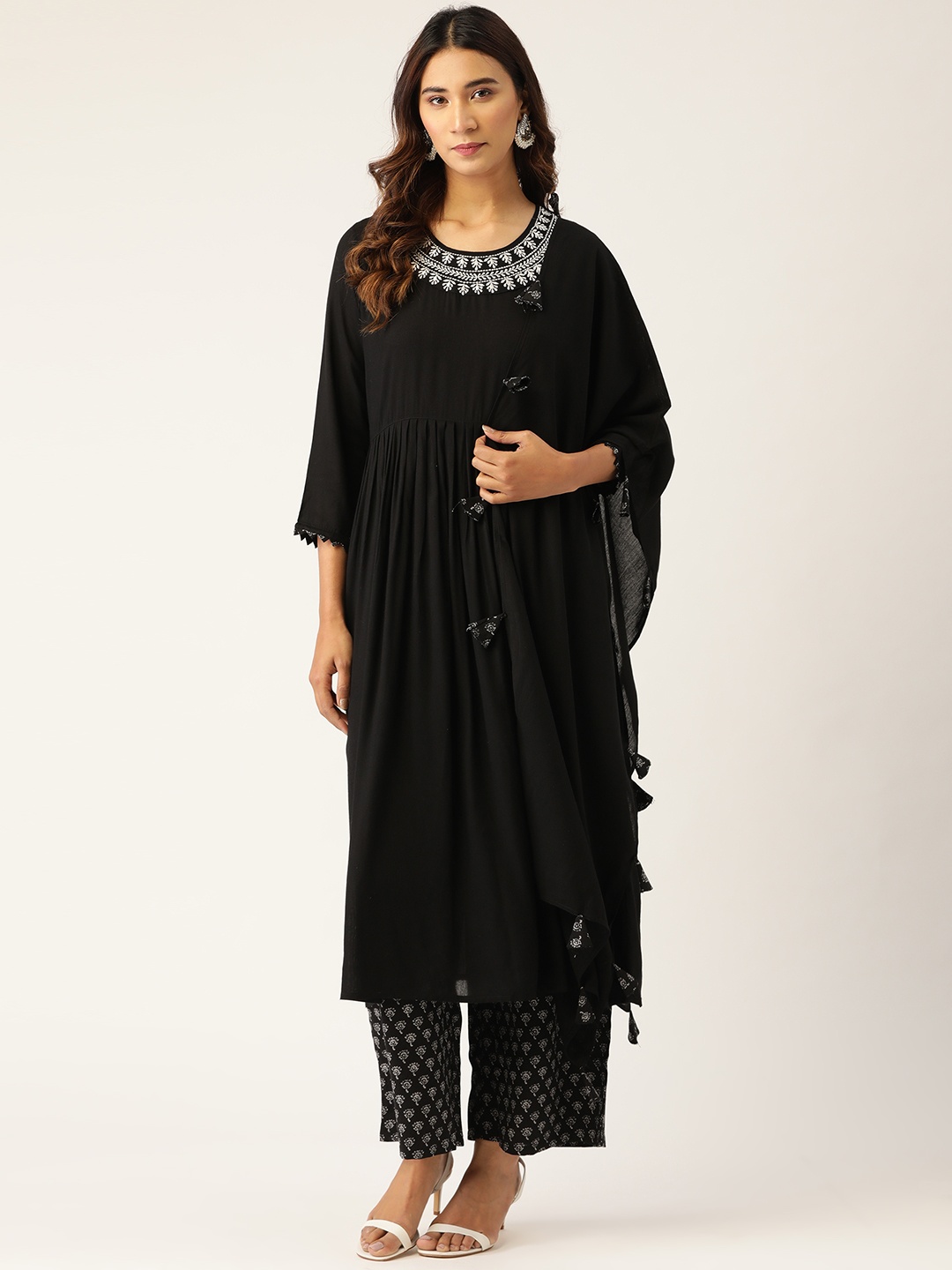 

Kurti's by Menka Women Black & White Embroidered Kurta with Palazzos & Dupatta