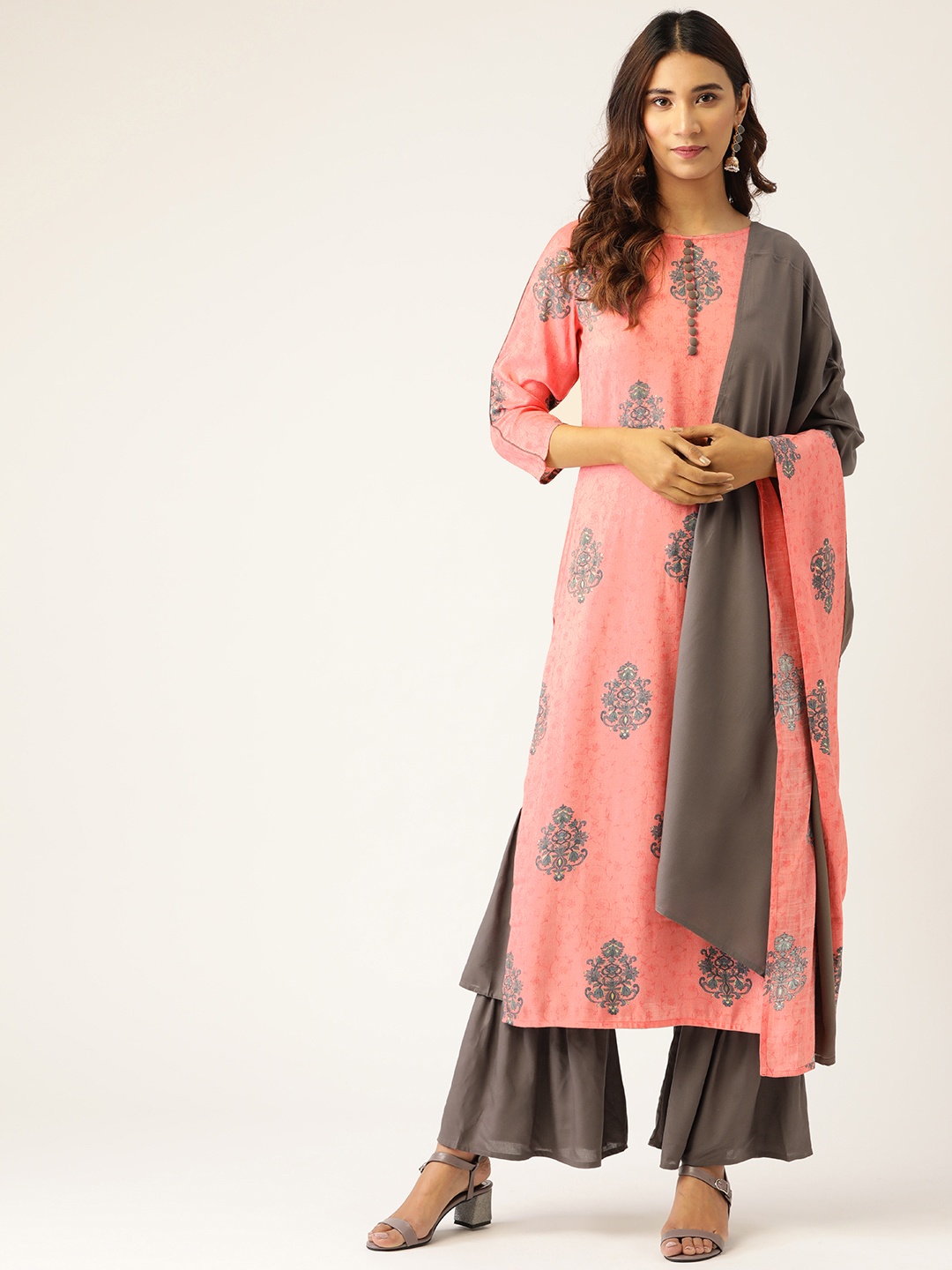 

Kurti's by Menka Women Pink & Grey Printed Kurta with Sharara & Dupatta