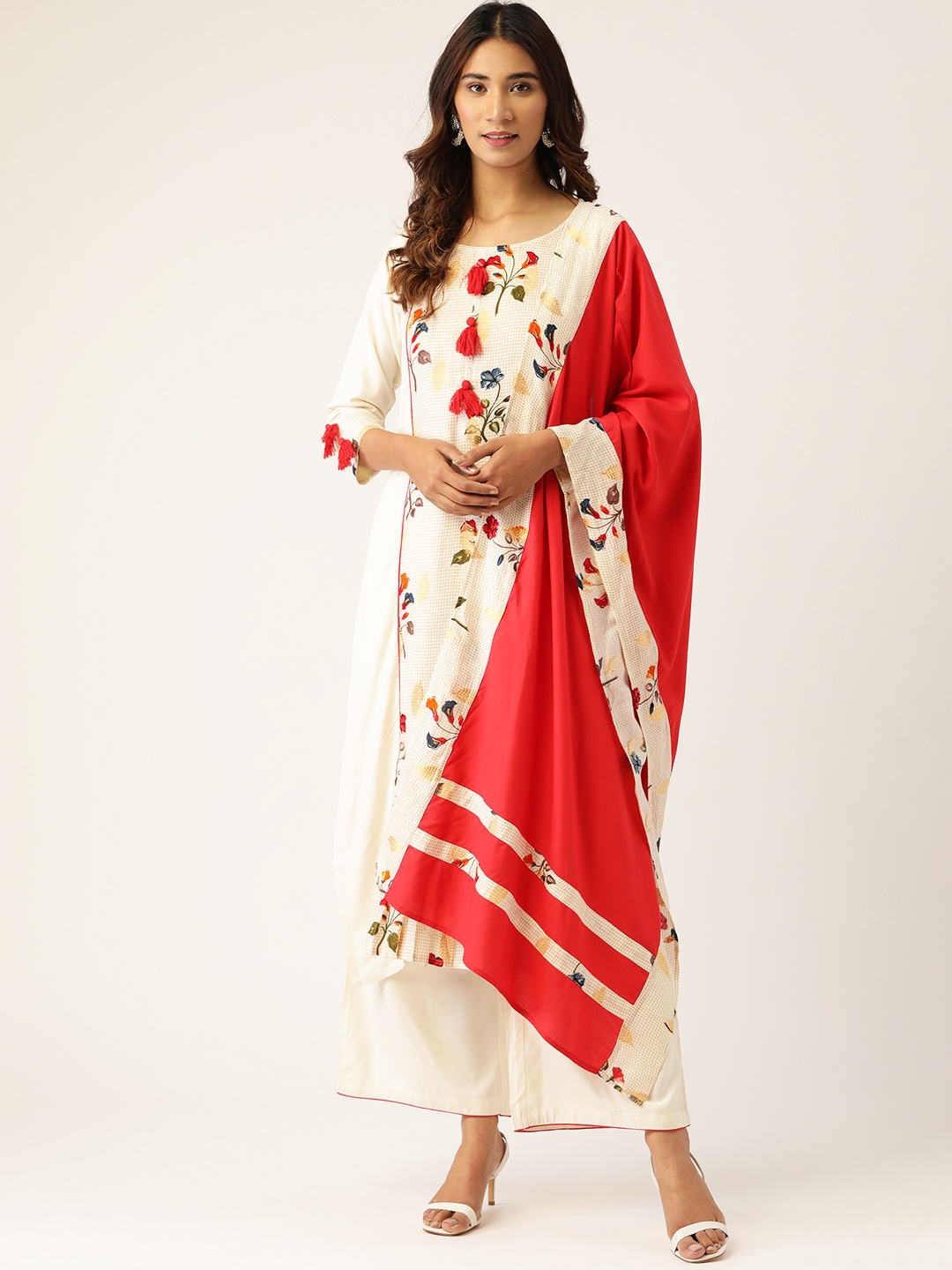 

Kurti's by Menka Women Off-White & Red Printed Kurta with Palazzos & Dupatta