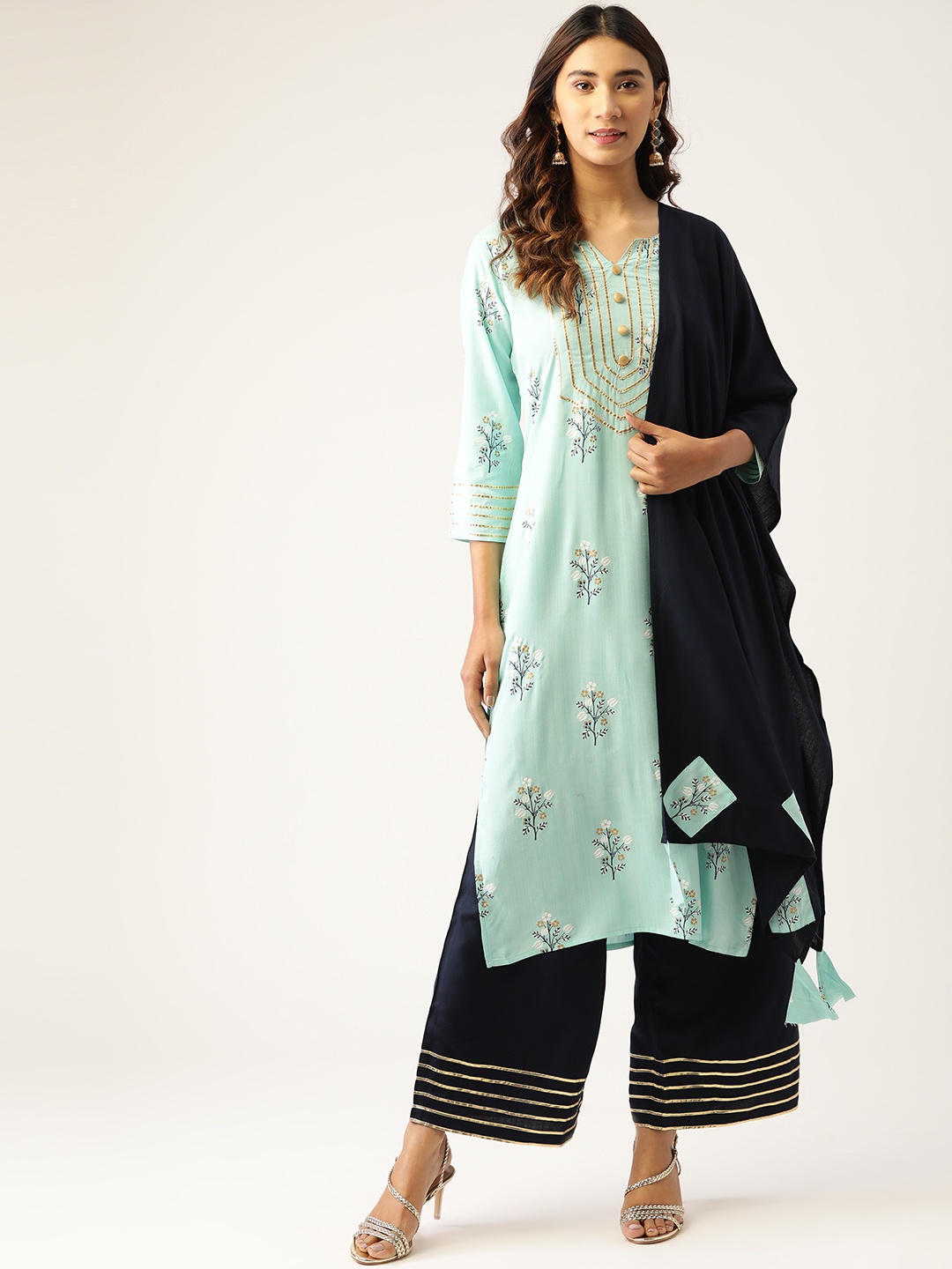 

Kurti's by Menka Women Blue & Golden Floral Print Kurta with Palazzos & Dupatta