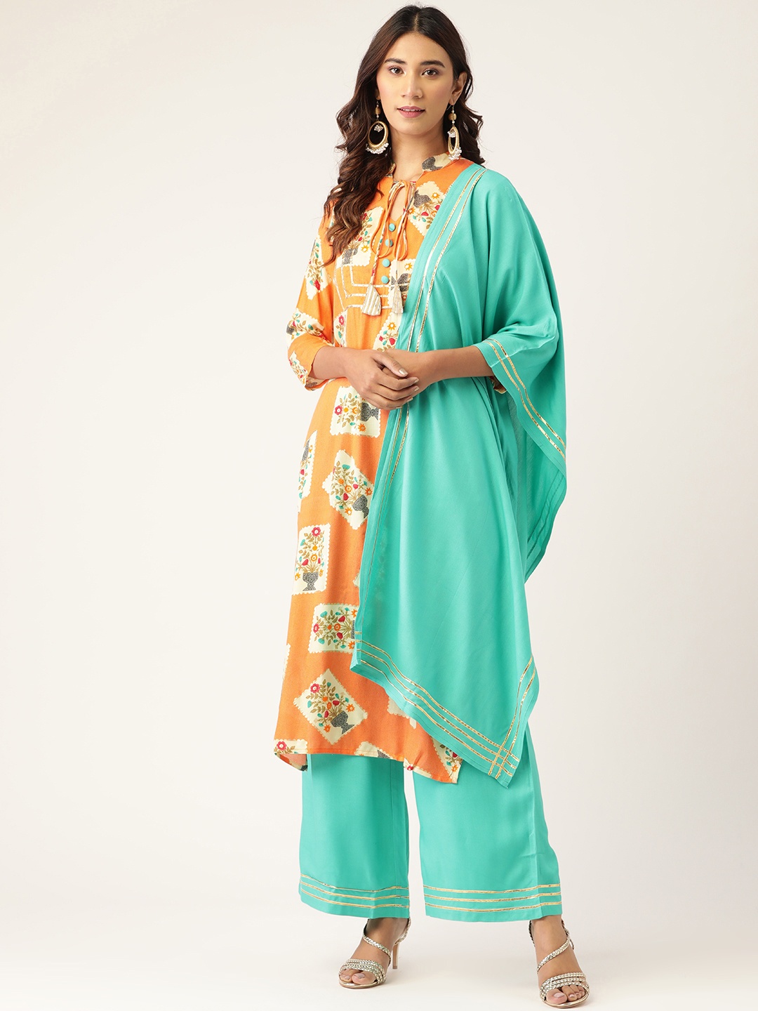 

Kurti's by Menka Women Orange & Beige Printed Kurta with Palazzos & Dupatta