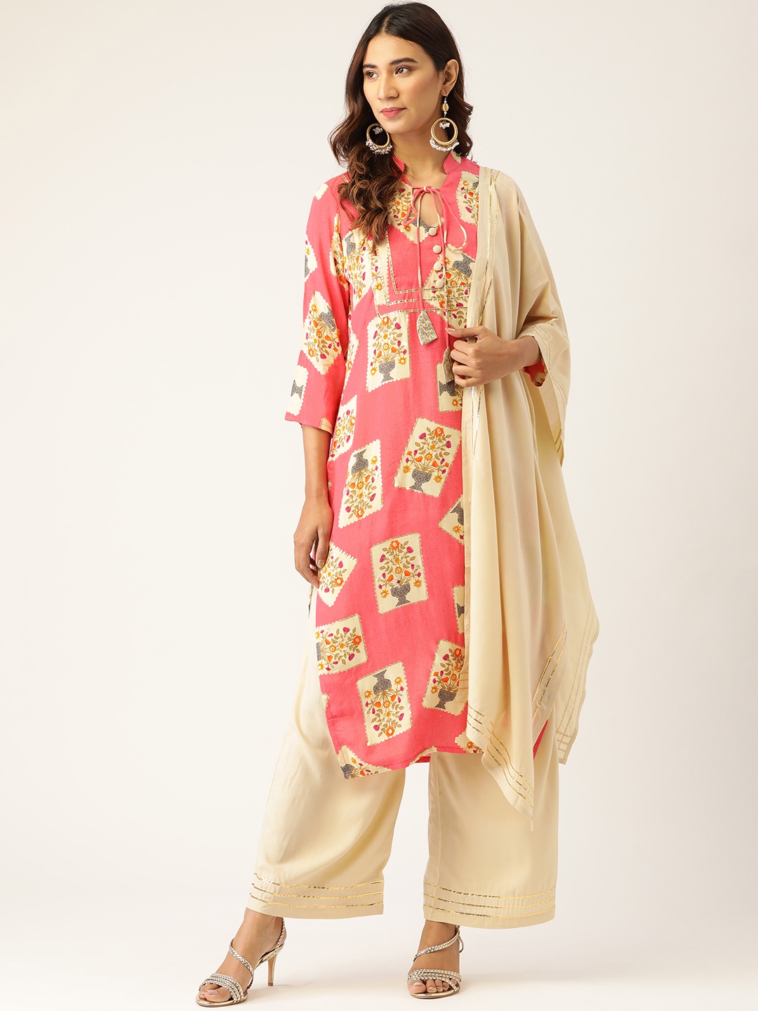 

Kurti's by Menka Women Pink & Beige Printed Kurta with Palazzos & Dupatta