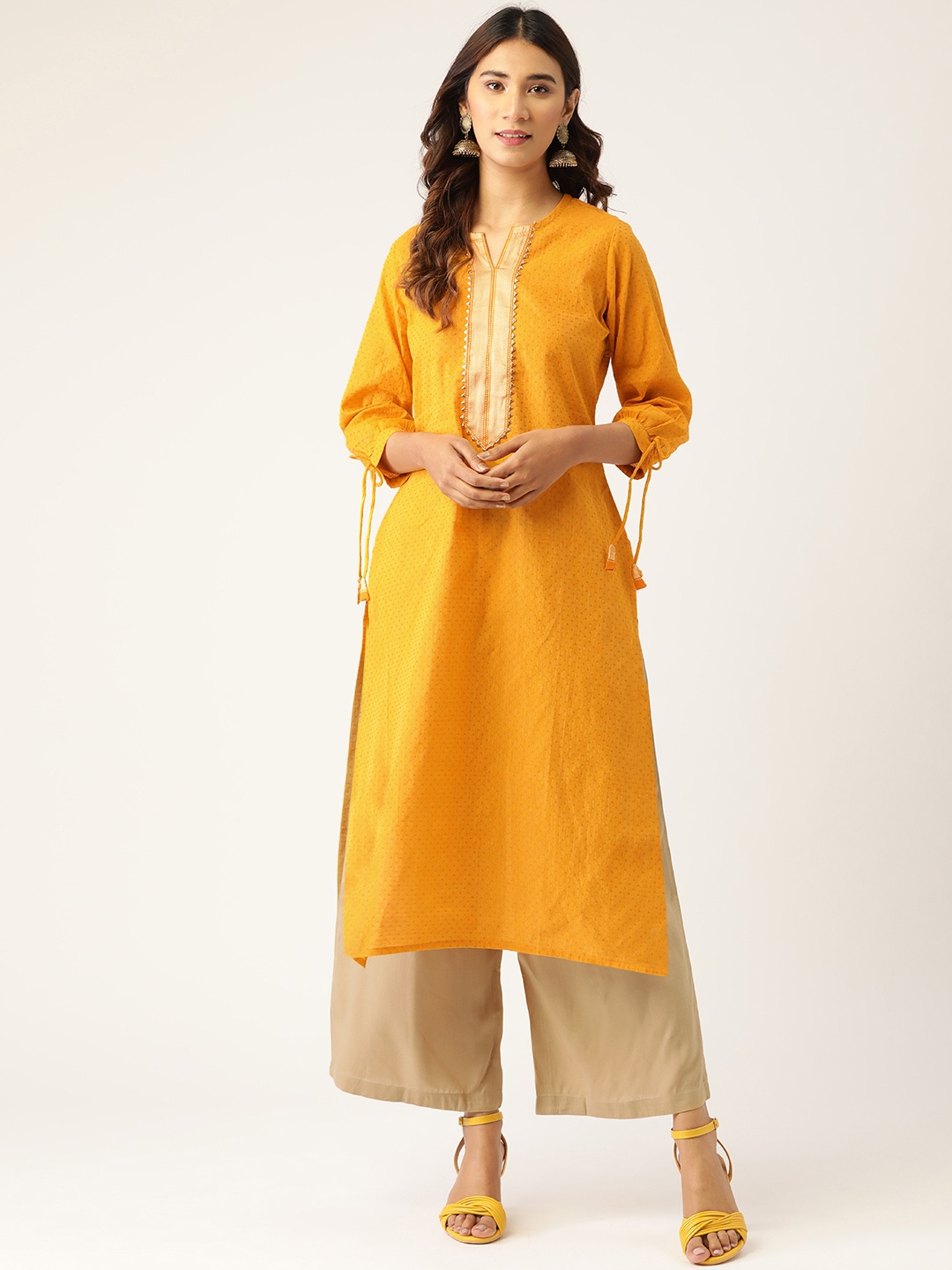 

Kurti's by Menka Women Mustard Yellow & Khaki Self-Design Kurta with Palazzos