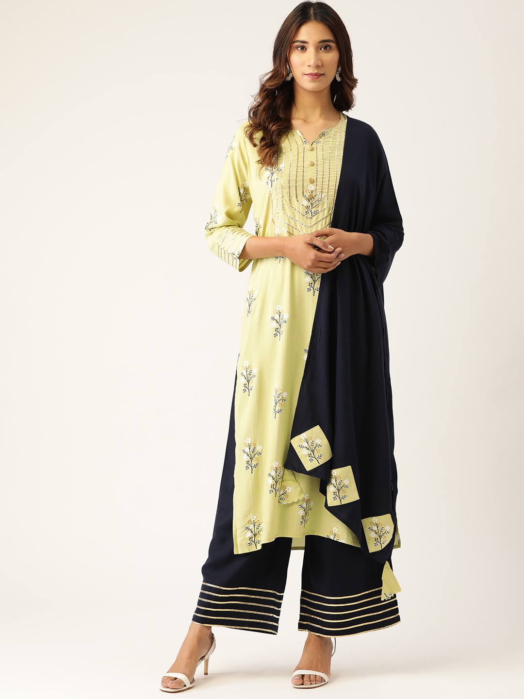 

Kurti's by Menka Women Green & Navy Blue Printed Kurta with Palazzos & Dupatta