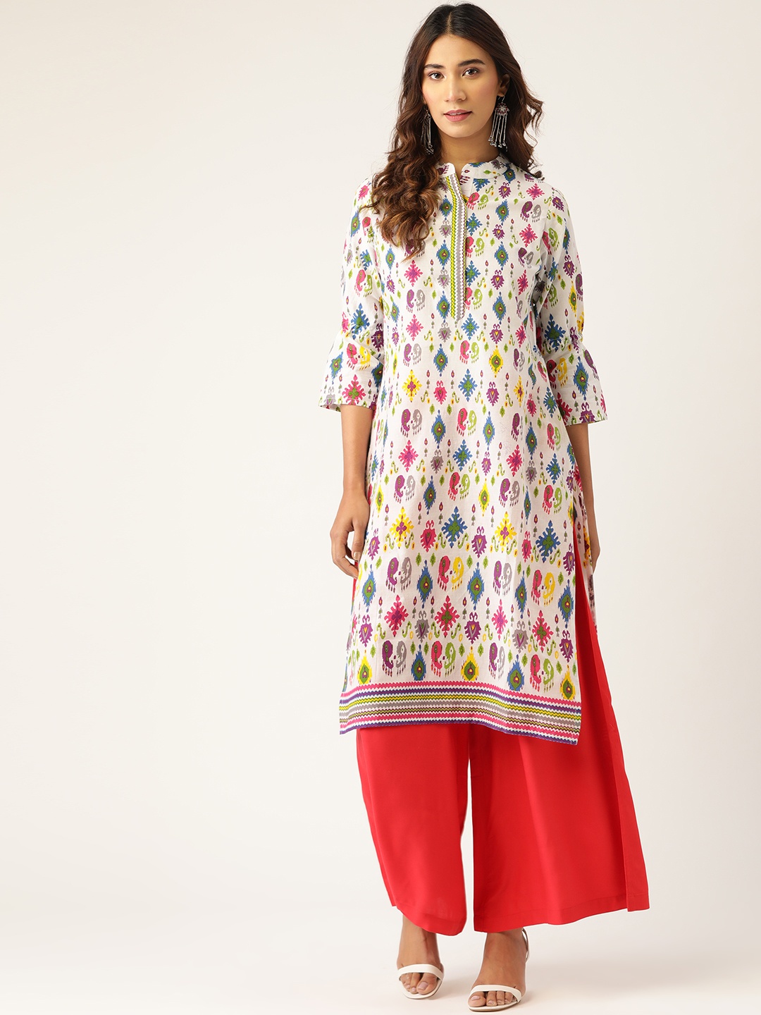 

Kurti's by Menka Women White & Red Ethnic Motifs Print Kurta with Palazzos