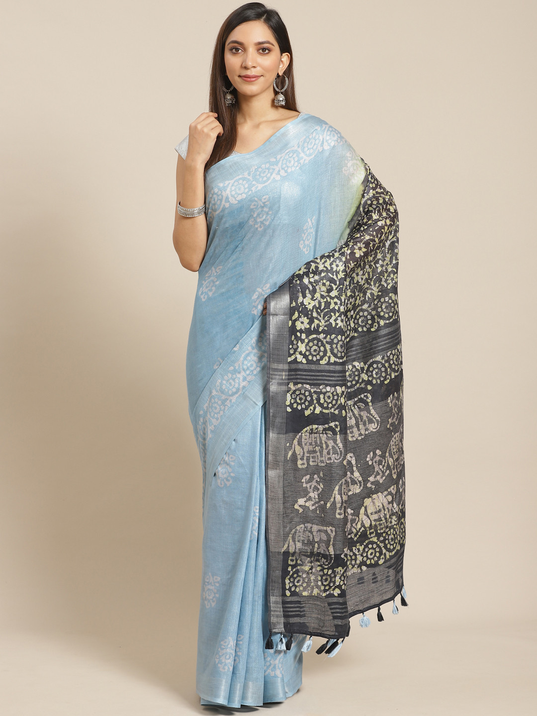 

swatika Blue & Black Printed Handloom Bhagalpuri Saree