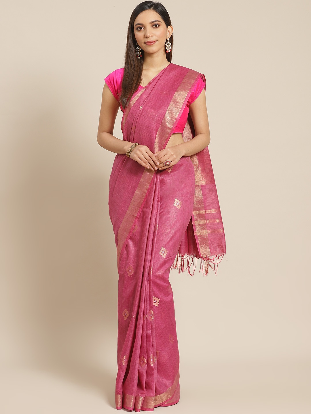

swatika Pink & Golden Handloom Zari Woven Design Bhagalpuri Saree