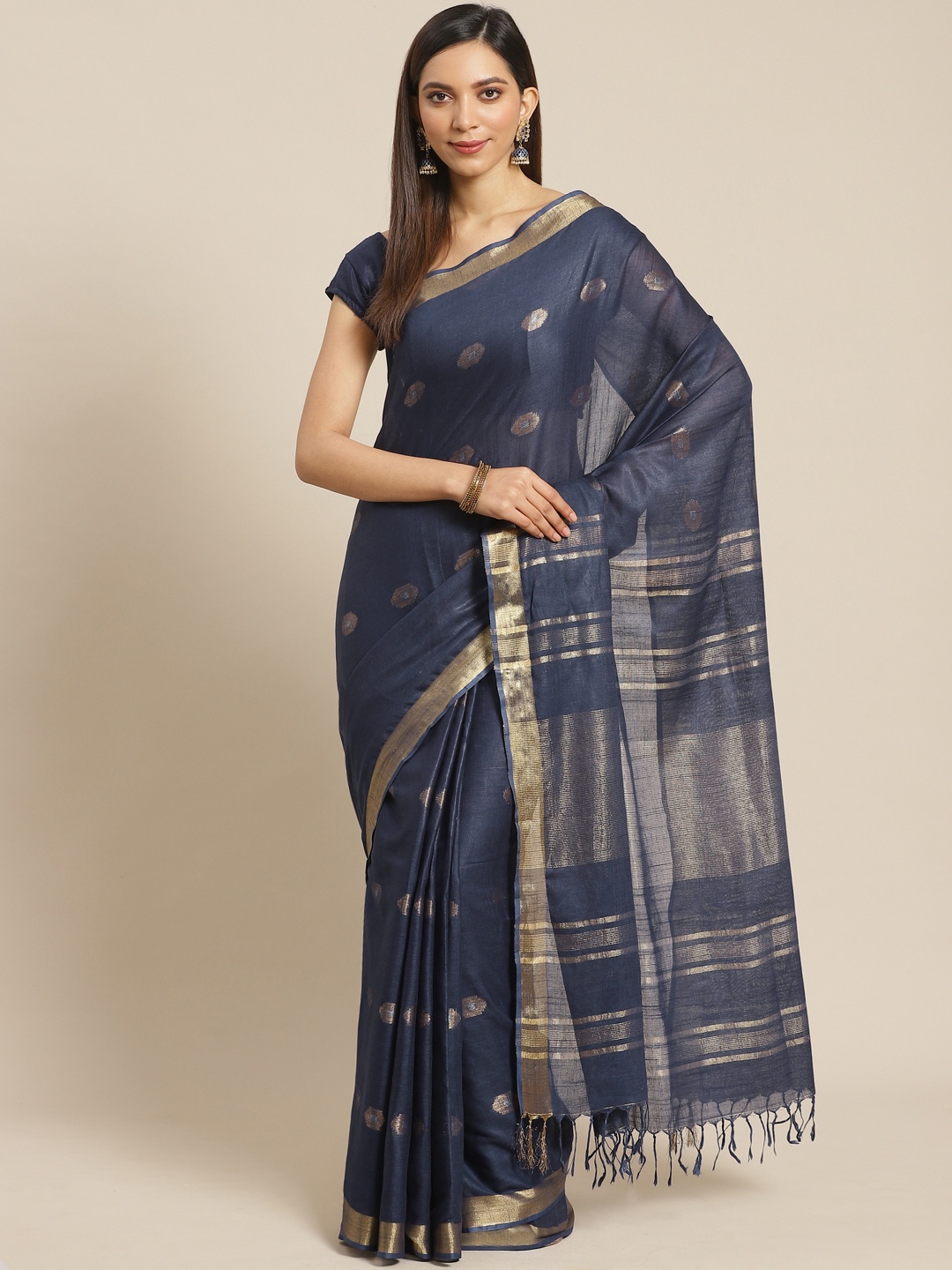 

swatika Navy Blue & Golden Handloom Woven Design Bhagalpuri Saree
