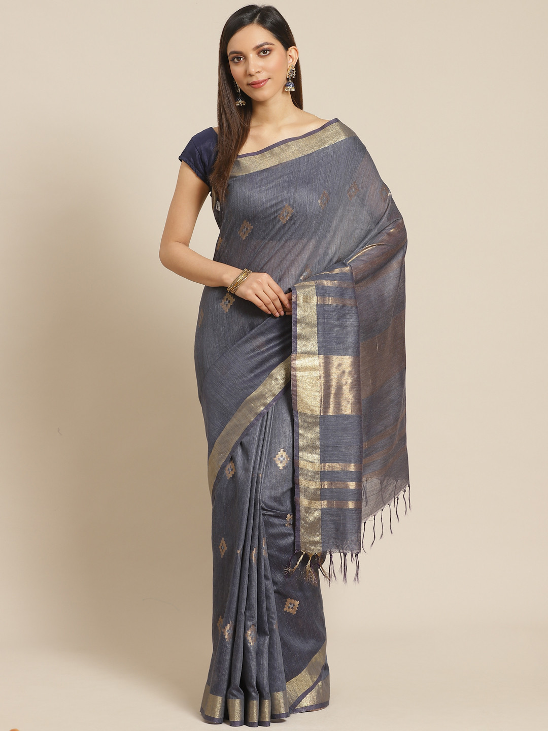 

swatika Charcoal Grey & Golden Handloom Woven Design Bhagalpuri Saree