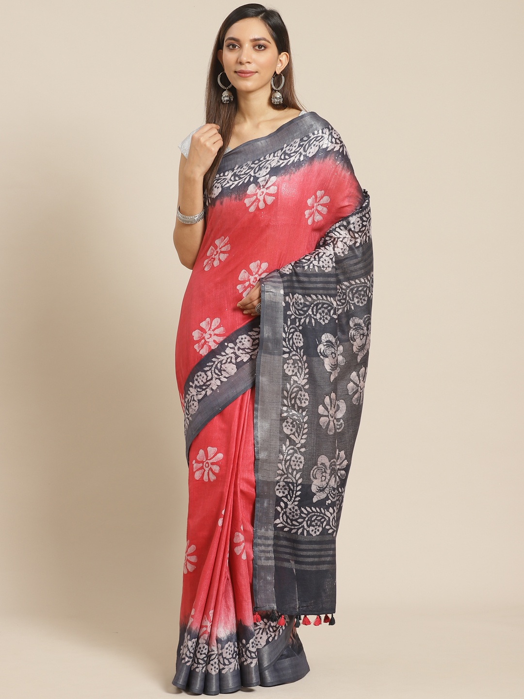 

swatika Coral Red & Charcoal Grey Handloom Printed Bhagalpuri Saree