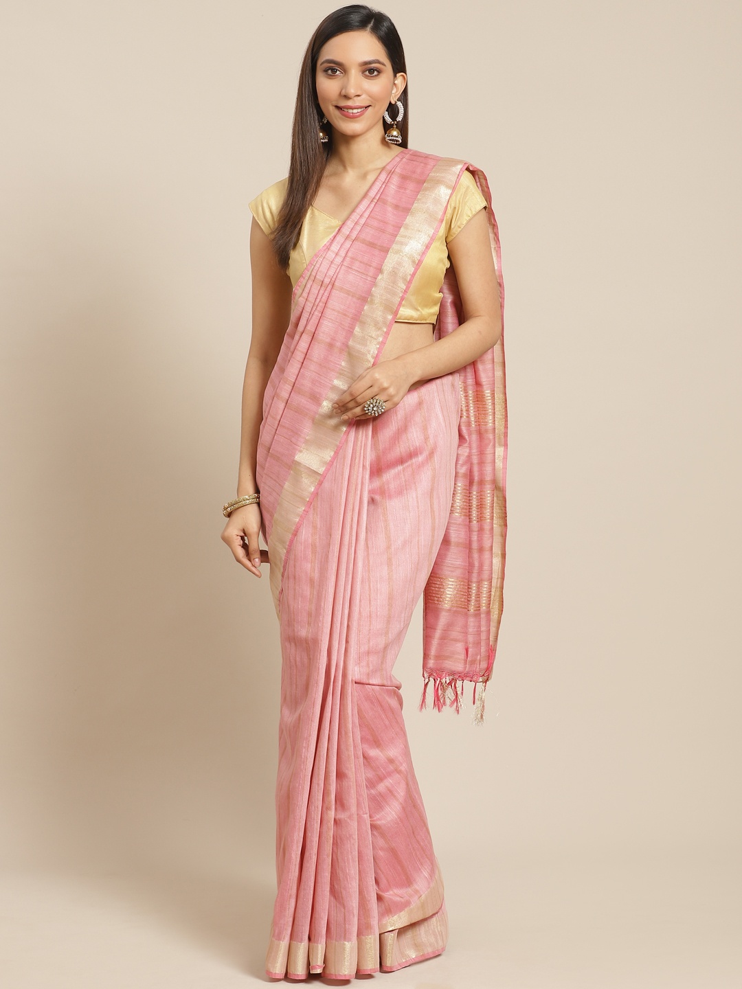 

swatika Pink & Golden Handloom Zari Striped Bhagalpuri Saree