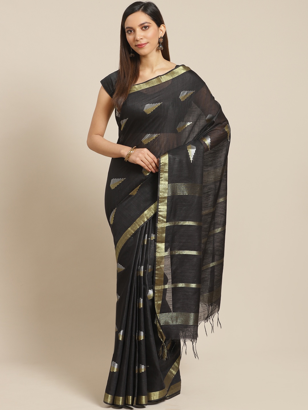 

swatika Black & Golden Handloom Zari Woven Design Bhagalpuri Saree