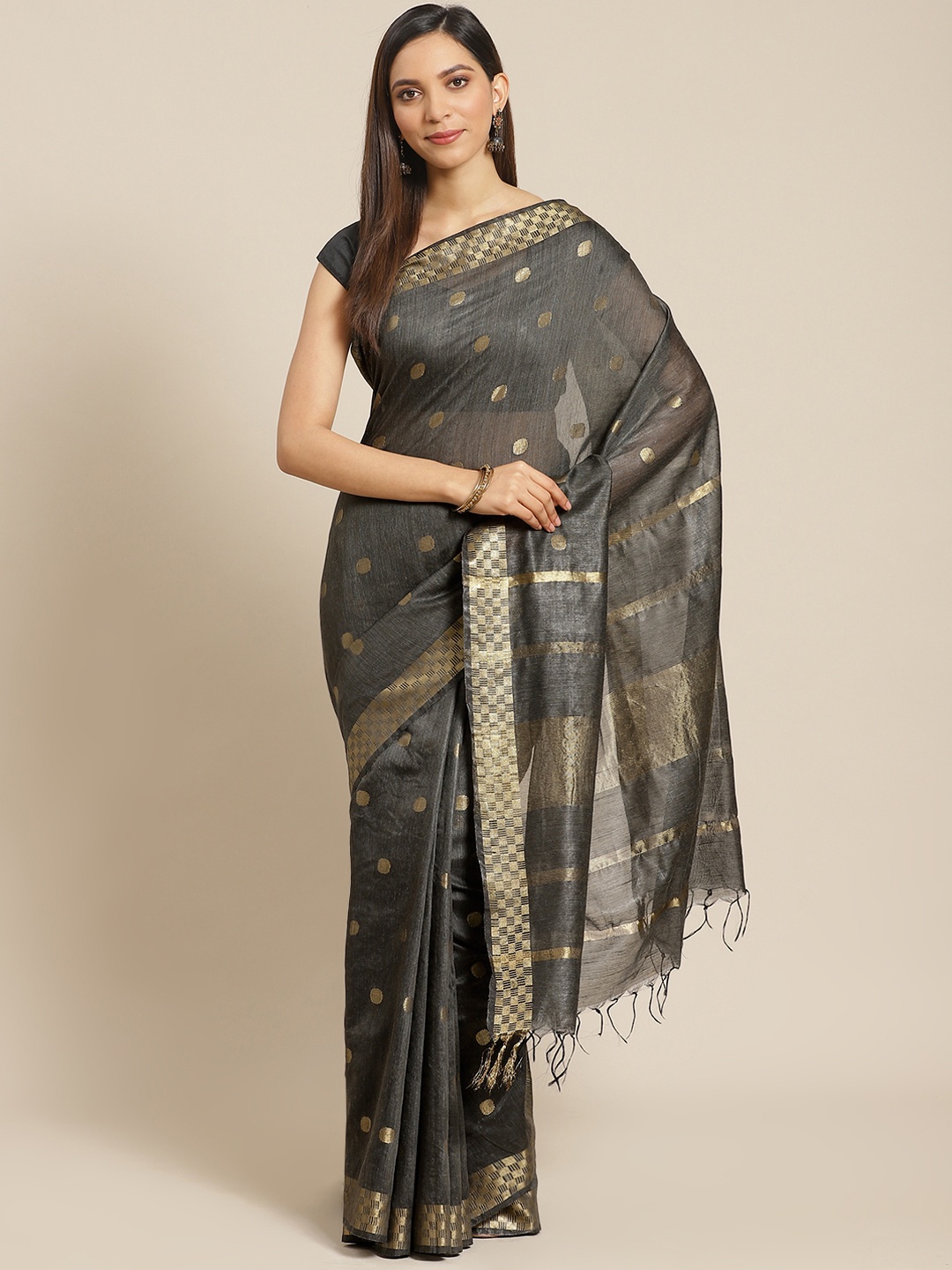 

swatika Charcoal Grey & Golden Handloom Zari Woven Design Bhagalpuri Saree