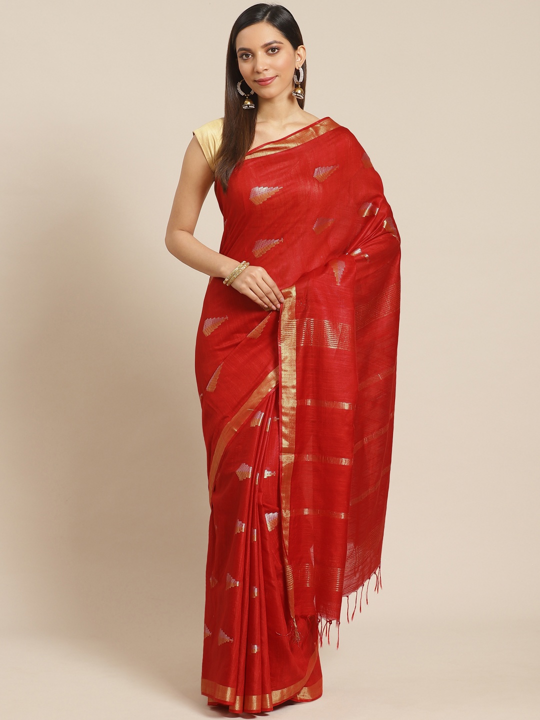 

swatika Red & Golden Zari Woven Design Handloom Bhagalpuri Saree