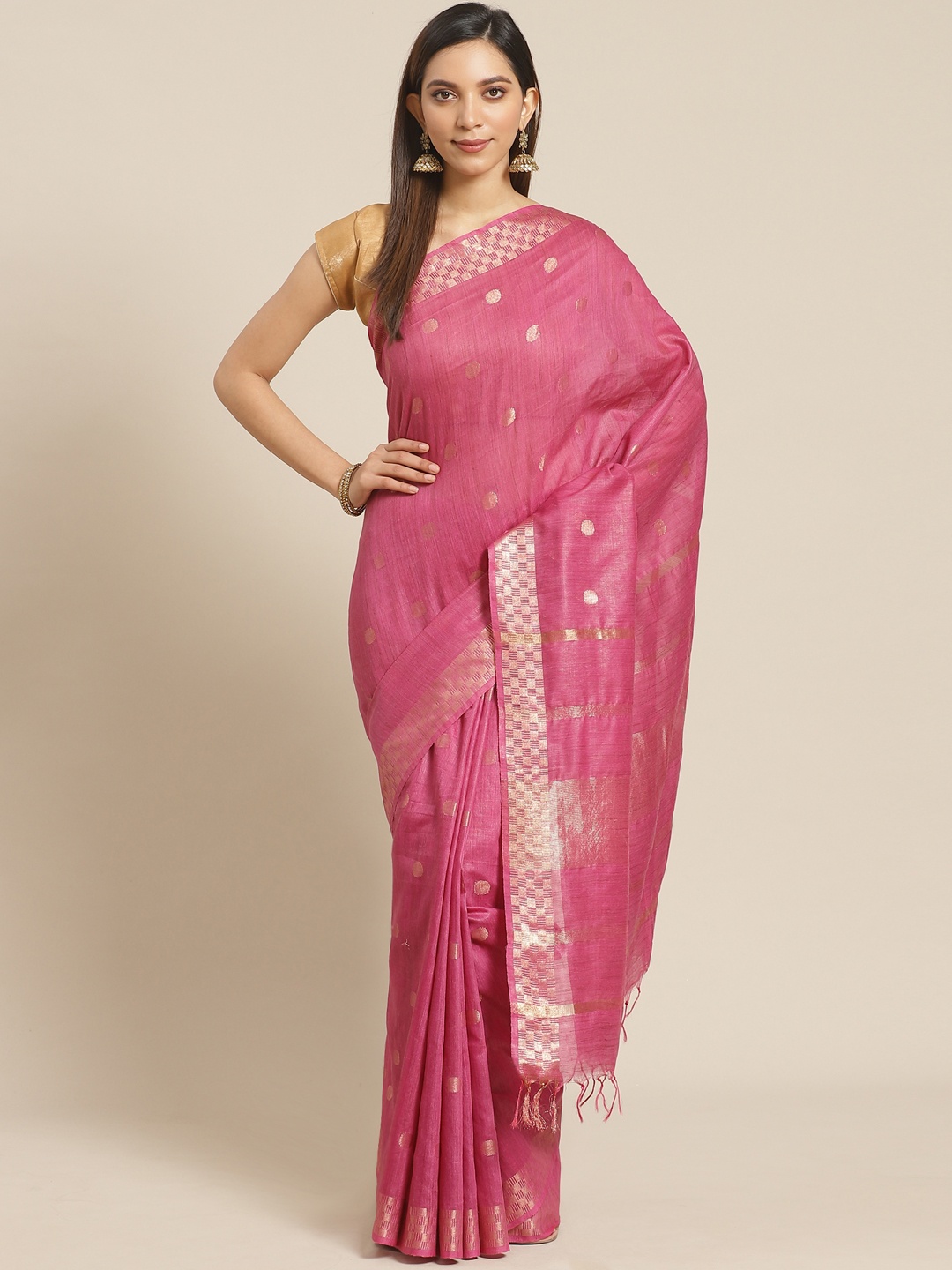 

swatika Pink & Golden Handloom Woven Design Bhagalpuri Saree