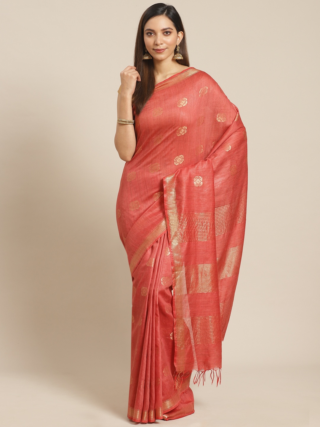 

swatika Rust & Golden Zari Woven Design Handloom Bhagalpuri Saree