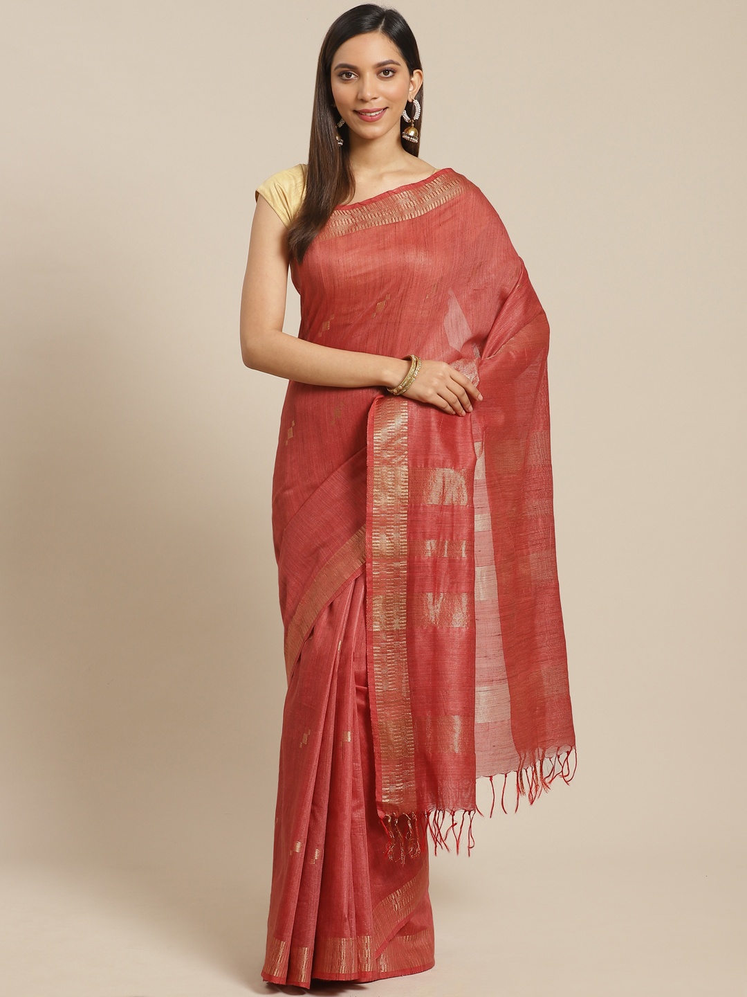 

swatika Rust Red & Golden Handloom Zari Woven Design Bhagalpuri Saree