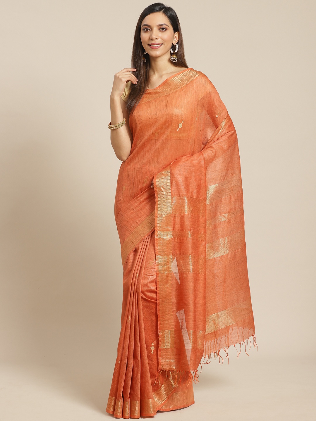 

swatika Rust Orange & Golden Zari Woven Design Handloom Bhagalpuri Saree