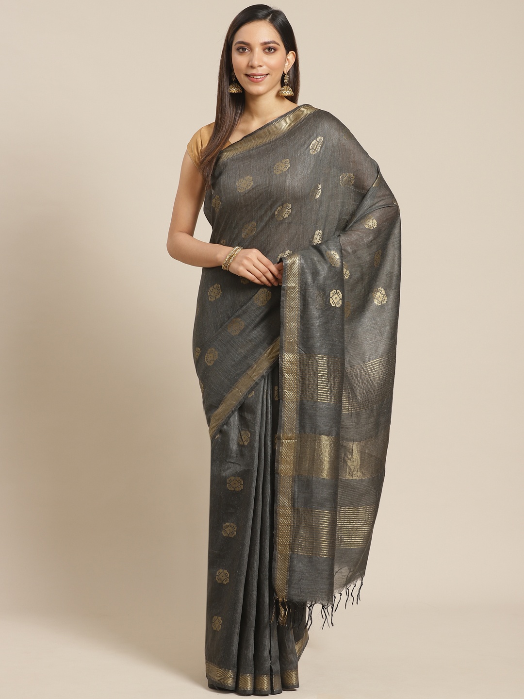 

swatika Charcoal Grey & Golden Handloom Woven Design Bhagalpuri Saree