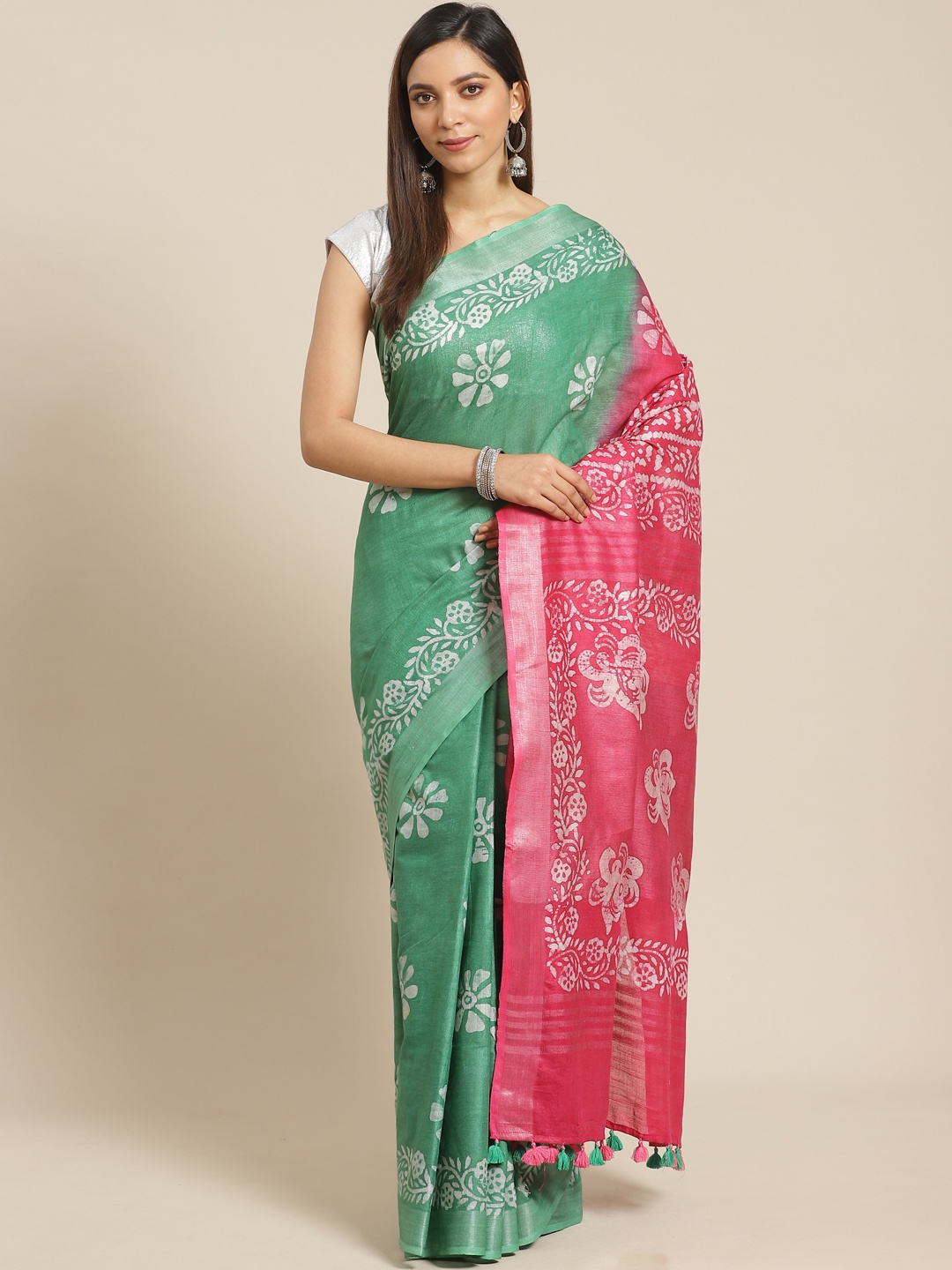 

swatika Green & Pink Handloom Printed Bhagalpuri Saree
