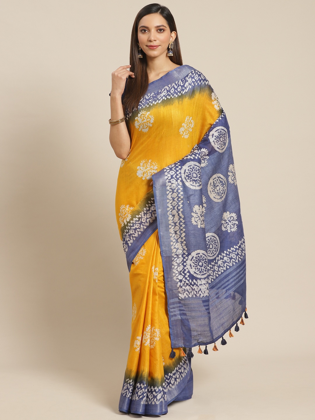 

swatika Yellow & Blue Handloom Printed Bhagalpuri Saree