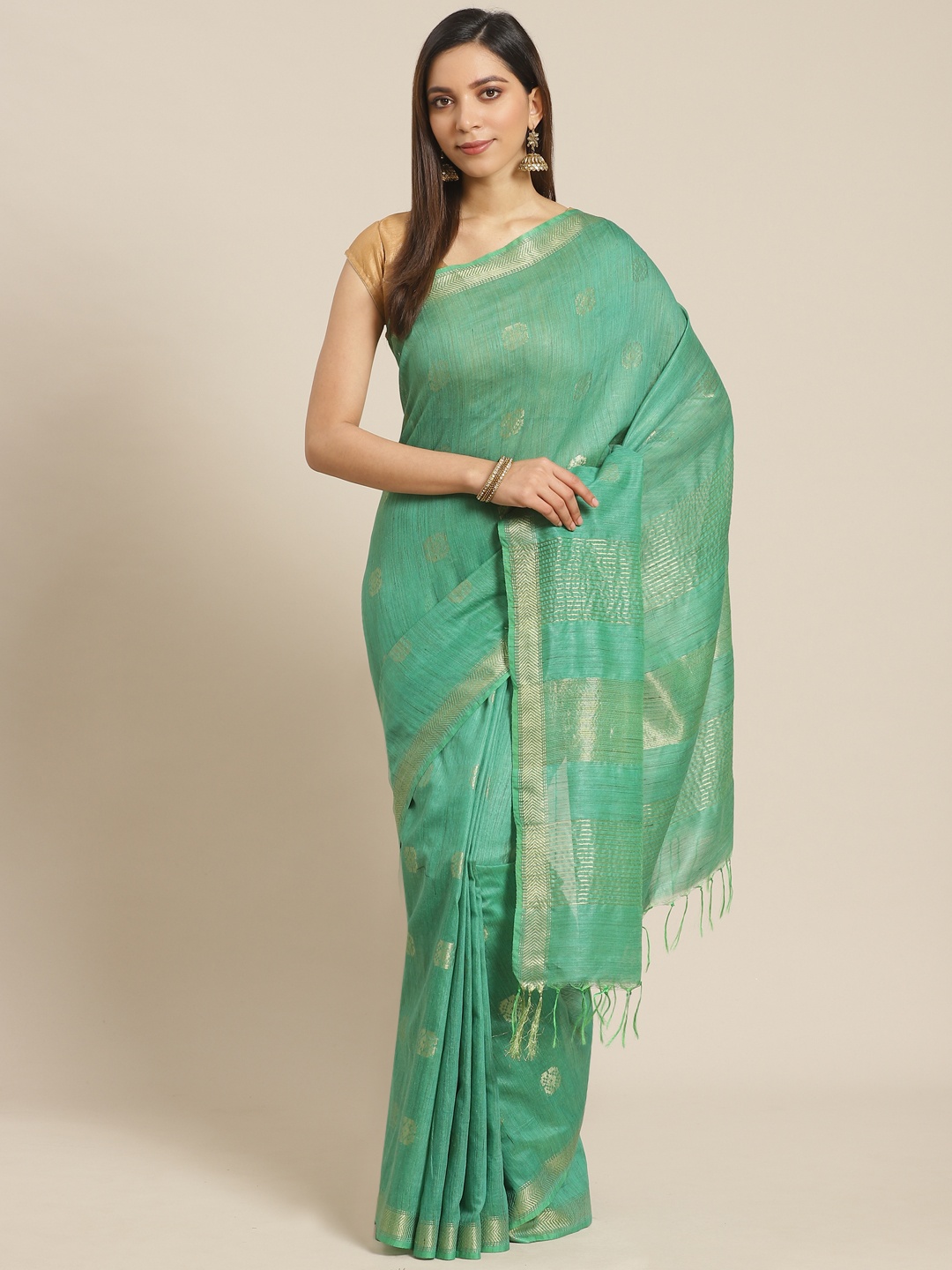 

swatika Green & Golden Handloom Zari Woven Design Bhagalpuri Saree