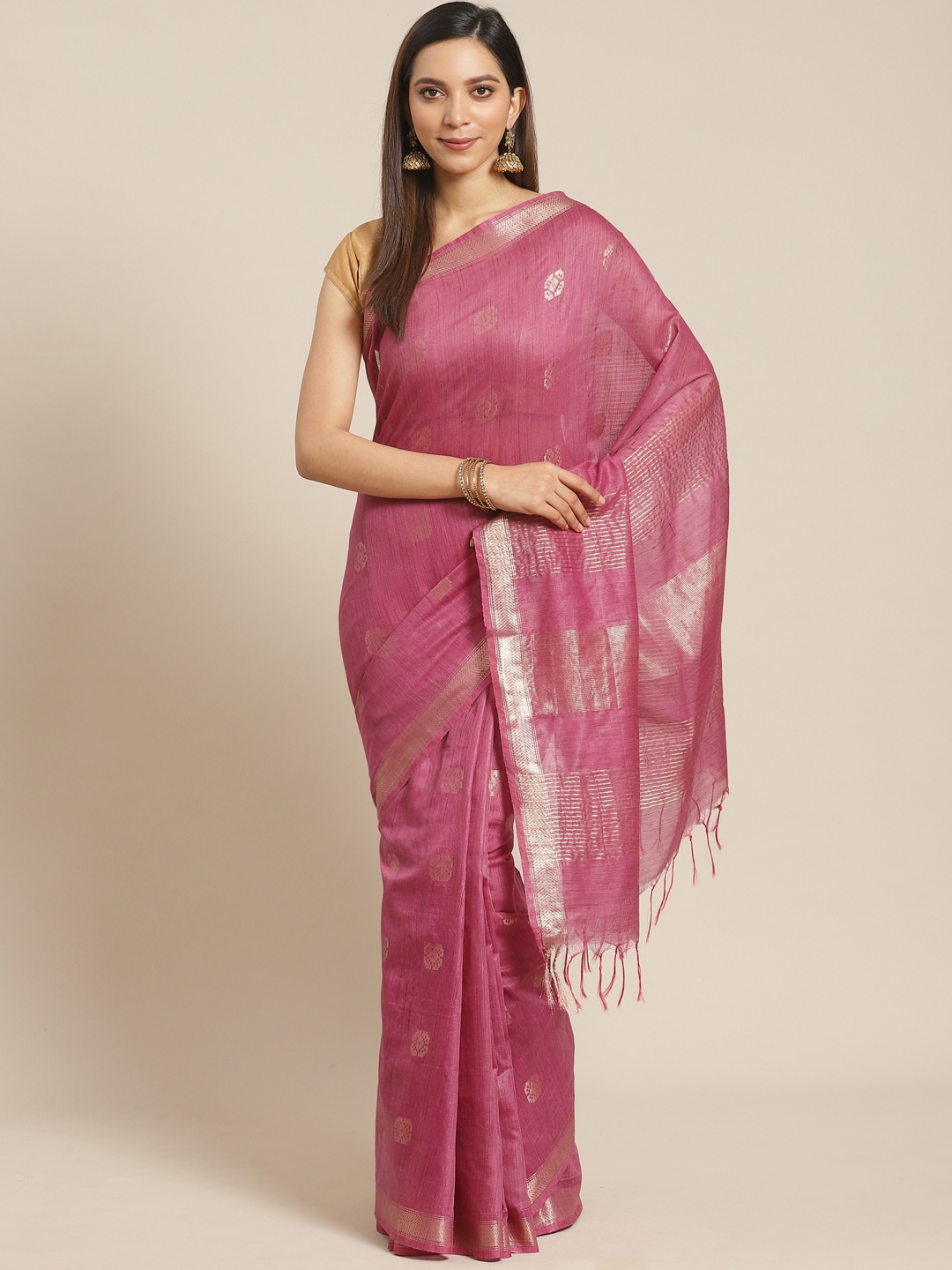 

swatika Pink & Golden Handloom Zari Woven Design Bhagalpuri Saree